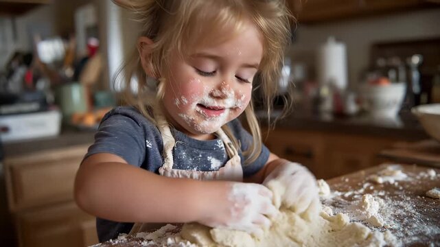Young child plays with flour in a kitchen while baking cookies with family members during the afternoon