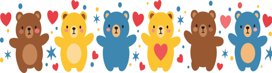 Cute colorful teddy bear pattern with hearts and stars adorable cartoon vector illustration background