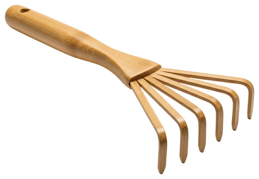 Wooden bamboo back scratcher tool with curved tines and handle on a transparent background