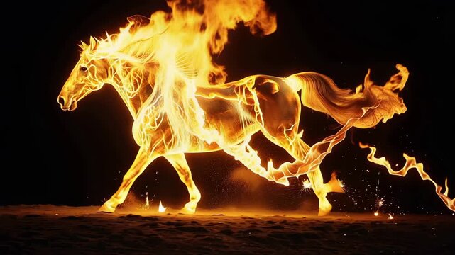 Magical horse made of fire gallops across a sandy desert at night, fantasy video. 4k video