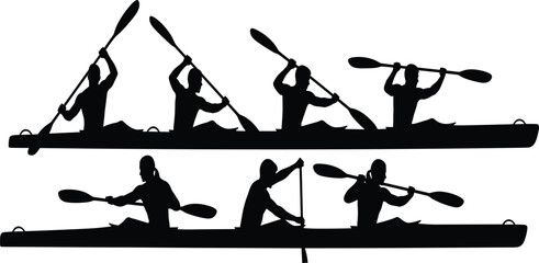 Kayak canoe paddling silhouette collection showing athletes rowing boats isolated black vector water sport adventure fitness action © Arzina