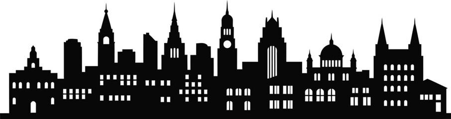 City skyline with tall buildings and spires silhouette isolated on transparent background
