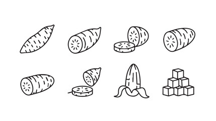 Carrot, Banana, and Cubes Icons: Whole, Sliced, and Peeled Vegetables