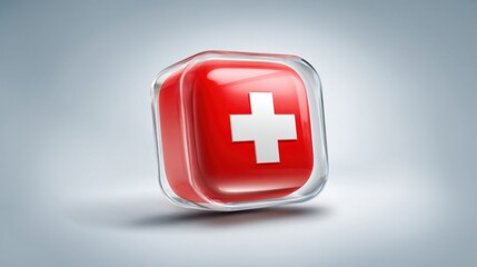 Fototapeta premium Glossy red swiss cross icon with transparent edges on gray background.