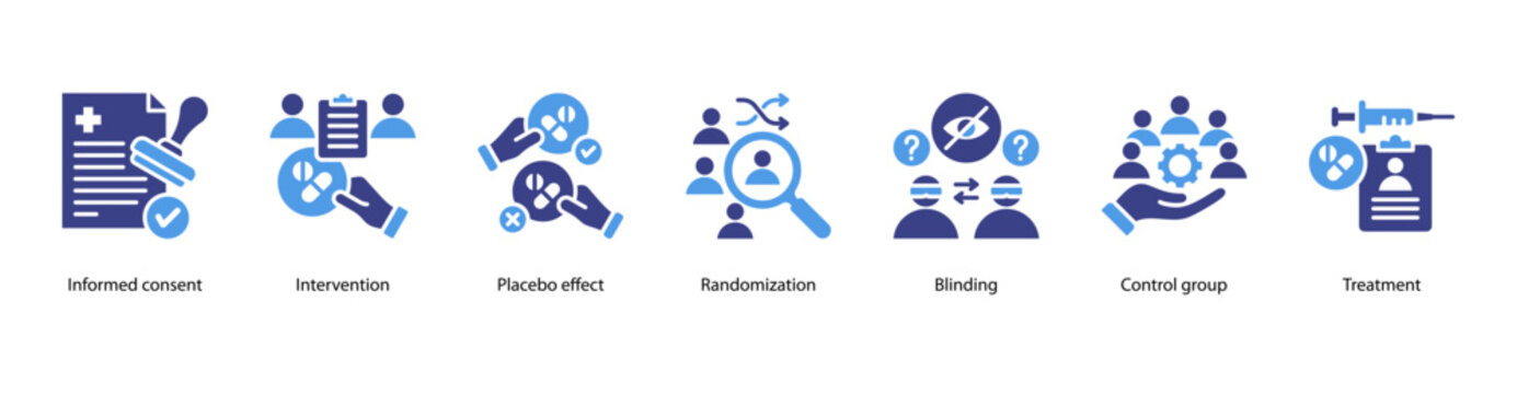 Clinical Study Methodology web banner featuring Informed Consent, Intervention, Placebo Effect, Randomization, Blinding, Control Group, and Treatment.