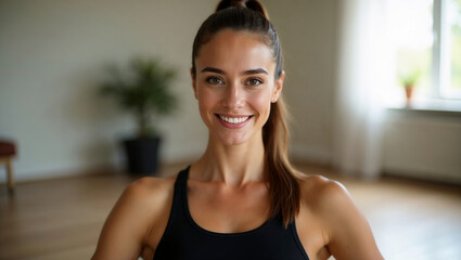 Naklejka premium Confident Fitness Woman Ready for Workout in a Bright Living Room Setting