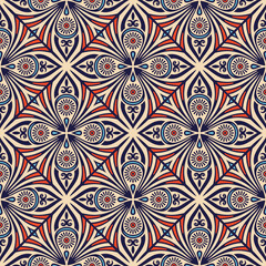 Seamless geometric ornamental vector pattern with symmetrical floral motifs in navy blue, red and beige. Decorative abstract color vector background. Eastern symmetrical pattern.