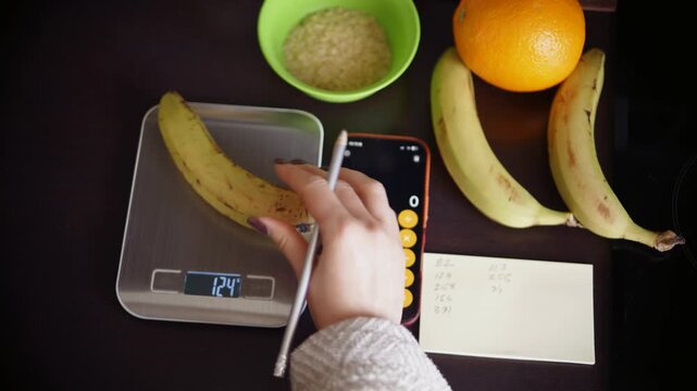 Weighing Banana On Digital Kitchen Scales. Weight Loss Management. Healthy Eating Habits and Calorie Counting 