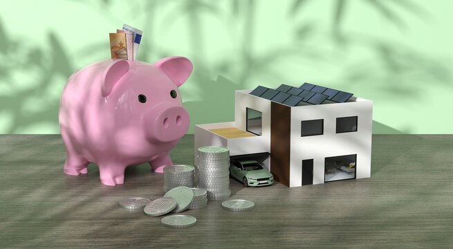 une maison moderne avec voiture dans garage et panneaux solaire sur le toit &agrave; c&ocirc;t&eacute; d'une tirelire cochon - rendu 3D
