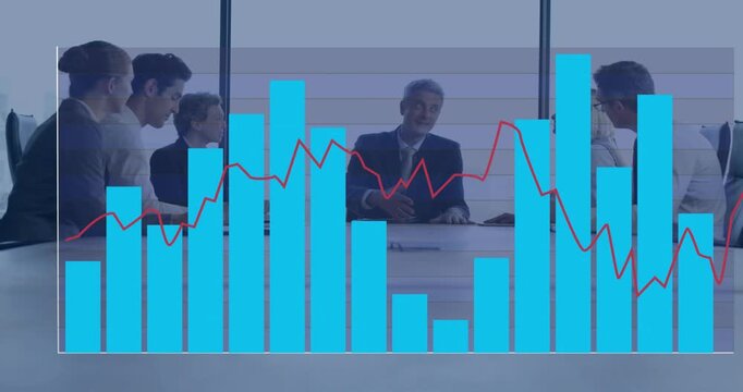 6 team sitting at table blue bar chart red line appearing obscuring view guiding business decisions