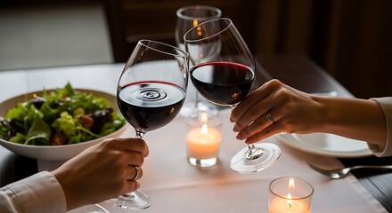 Two glasses of red wine being clinked together in a cozy dining setting