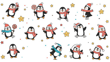 Fototapeta premium Adorable seamless pattern of cartoon penguins wearing winter hats and scarves, skating and holding candies on a white background.
