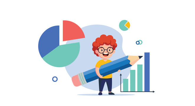 A young boy with a giant pencil stands in front of a colorful pie chart and bar graph representing data and analytics.