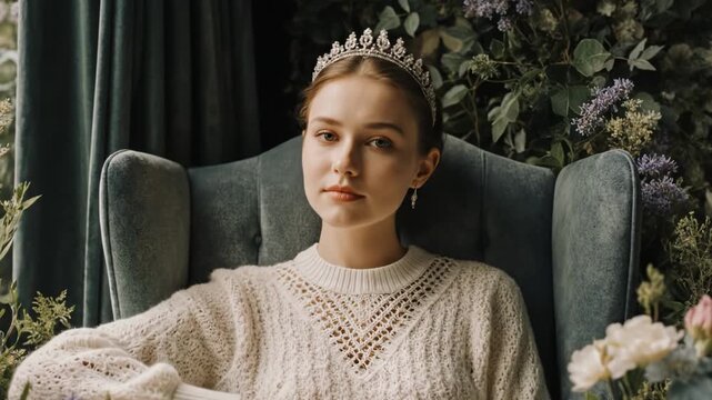 Young Woman Wearing Crown Sitting Calmly Indoors