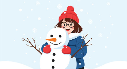 Fototapeta premium A happy young girl wearing a winter coat and hat is hugging a friendly snowman while it snows in the winter season.