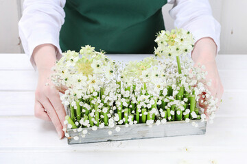 Florist at work: woman shows how to make Easter floral table decoration with arabian star flowers and gypsophila paniculata twigs in simple wooden box. Step by step, tutorial.