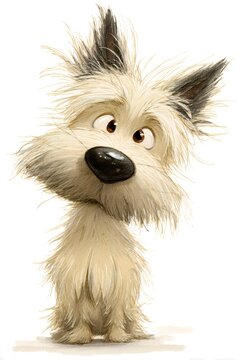 Scruffy cartoon dog with big nose and questioning look