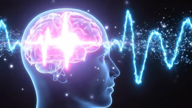 The image depicts a stylized human head in profile, with a glowing brain inside and superimposed electrocardiogram-like waves. Blue energy waves emanate from the head against a dark background with gl