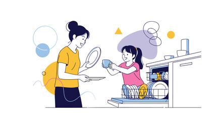 Fototapeta premium A helpful young girl assists her mother with kitchen chores by loading dirty dishes into the dishwasher at home.