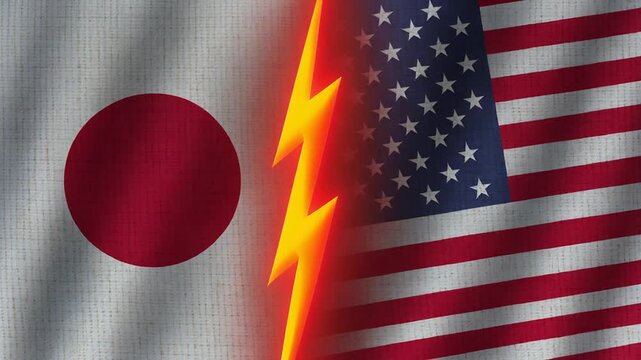 A split-screen image of Japan and US flags with a glowing yellow lightning bolt, symbolizing tension or conflict between the two nations, possibly used in news articles or editorials