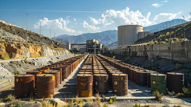 Rows of rusty barrels at an industrial site with mountains, concrete, and clear blue skies