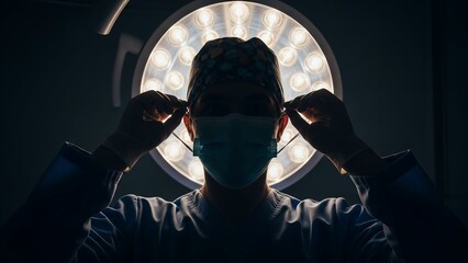 surgeon doctor adjusting medical mask under bright operating light