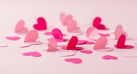 Scattered pink hearts and confetti on a soft pastel background