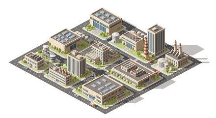 Obraz premium Isometric industrial complex with factories, warehouses, and office buildings