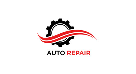 Auto Repair Service Logo with Gear and Red Swoosh.