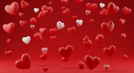 A vibrant display of floating hearts in a rich red gradient background