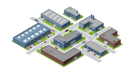 Industrial zone with modern buildings and roads, illustrating urban development and commercial infrastructure