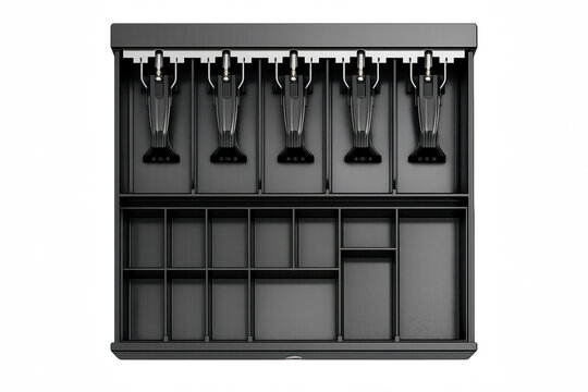 Empty cash register drawer with compartments in 3d black design