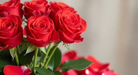 A vibrant bouquet of deep red roses in full bloom with lush green leaves.