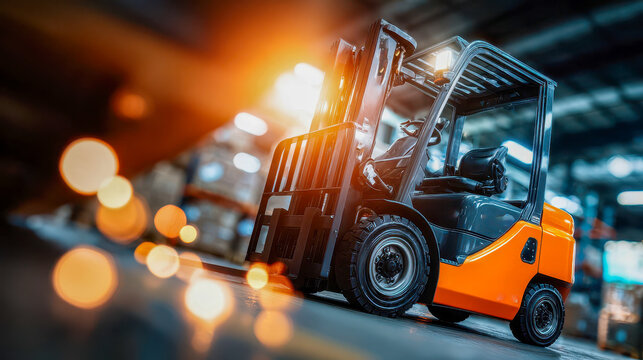 Close-up of orange forklift mast and wheels in warehouse, heavy equipment ready for loading operations