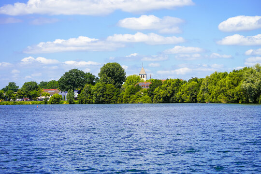 View of Lake Lippe and the surrounding landscape. Nature by the lake near Paderborn.
