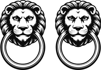 Fototapeta premium pair of vintage lion head door knockers with metal rings, classic architectural design