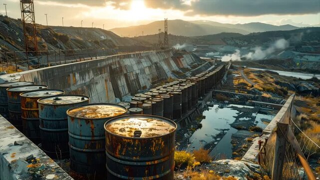 Landscape with industrial infrastructure, rusting barrels, dam, and mountains under a sunset