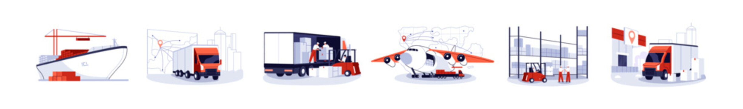 Cargo delivery and logistic business concept set. Shipment of freights with transport- lorry truck, ship, aircraft. Import, export, deliver of loads. Flat isolated vector illustrations on white