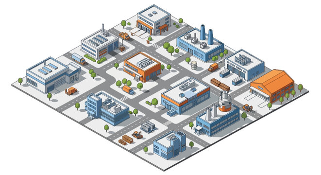 Isometric View of a Commercial and Industrial Cityscape with Buildings and Vehicles