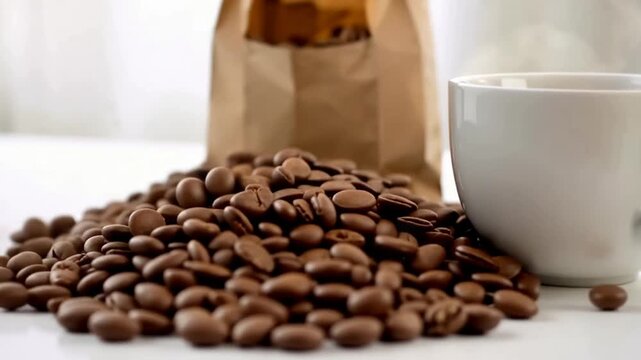 Coffee beans spilling from a brown paper bag onto a white surface with a white cup emitting steam, set against a blurred white background, possibly for use in advertising or a cafe setting