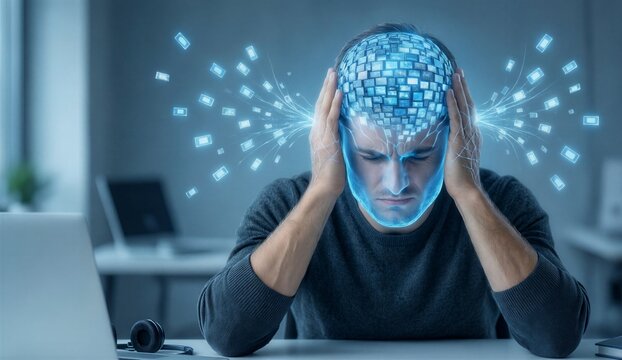 Overwhelmed Tech Worker with Glowing Digital Notifications in Head