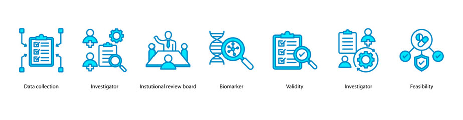 Clinical Research Oversight web banner featuring Data Collection, Investigator, Institutional Review Board, Biomarker, Validity, Investigator, and Feasibility.