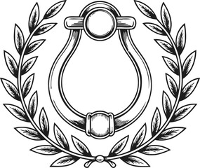 Vintage door knocker framed by laurel wreath classic hand drawn illustration of ornate metal hardware and leaves