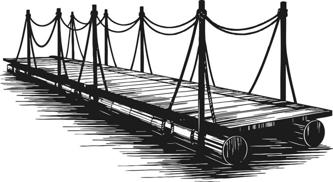 wooden pontoon bridge with rope railing hand drawn vintage floating walkway over water
