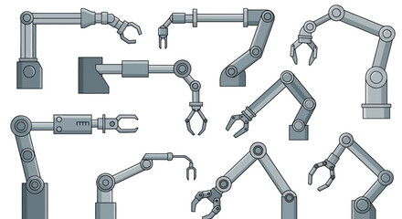 Obraz premium Collection of various industrial robotic arms with articulated joints and grippers, showcasing automated machinery in manufacturing and technology