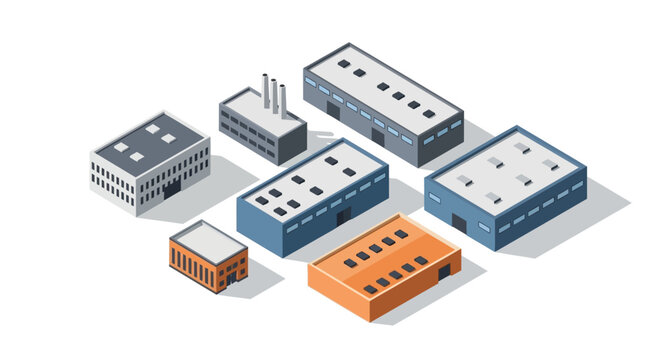 Collection of isometric industrial buildings, commercial warehouses, and manufacturing facilities in a clean, modern style on a white background