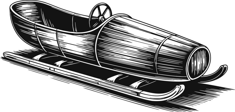 Vintage wooden bobsled sled with steering wheel detailed black and white engraving illustration