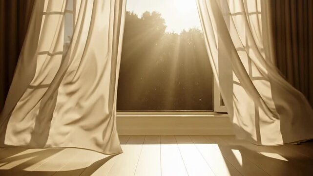 Sunlight streams through open window with flowing sheer curtains, creating a serene and airy atmosphere.