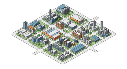 Aerial view of a dense urban cityscape with modern buildings, residential areas, and industrial structures arranged in a grid layout, representing city planning and development