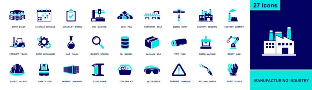 Manufacturing icon set. Containing factory, CNC machine, conveyor, crane, forklift, robot arm, welding torch, safety helmet, oil barrel, container and more. Solid fill icons collection
